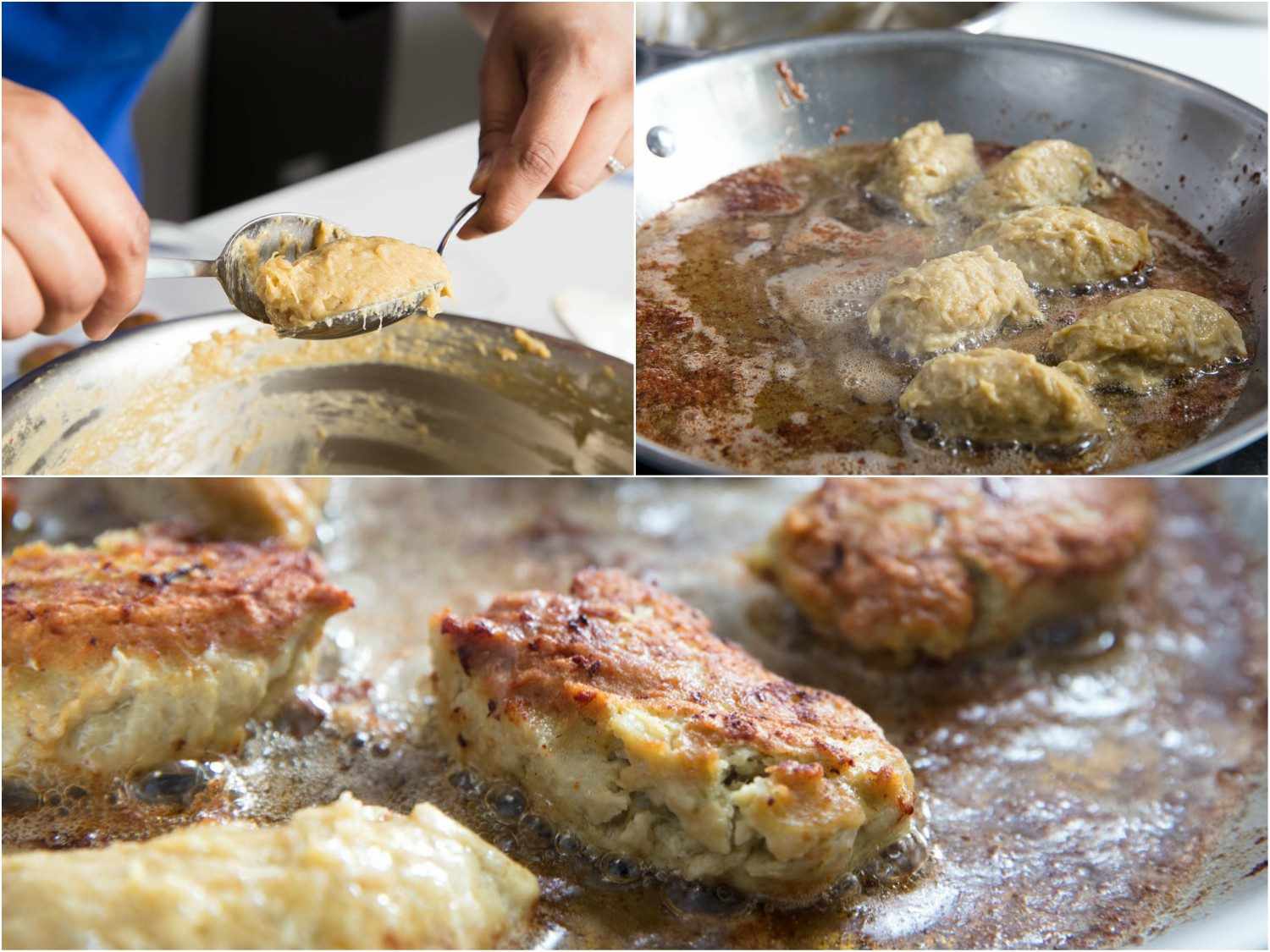 Collage of three images: forming the meatballs with a pair of spoons, adding to a skillet, and frying until golden brown on both sides.