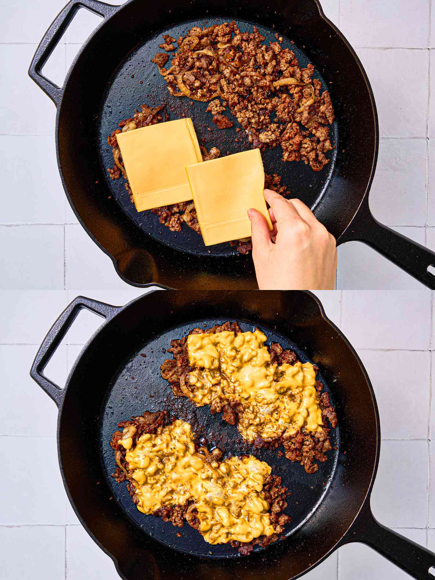 Putting cheese on top of ground beef mixture in a black cast iron skillet.