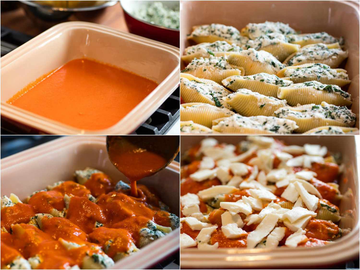 Four images, from top left clockwise: a baking dish with tomato sauce covering the bottom; stuffed shells placed in the baking pan, filled side facing up; tomato sauce being ladled over the stuffed shells; shredded mozzarella is layered over the tomato sauce and shells. 