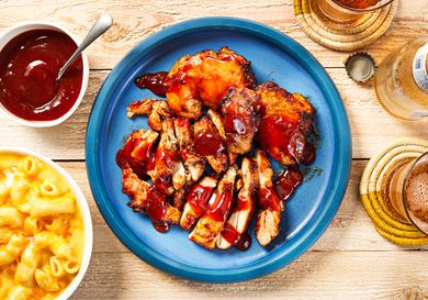 Overhead view of air fryer bbq chicken