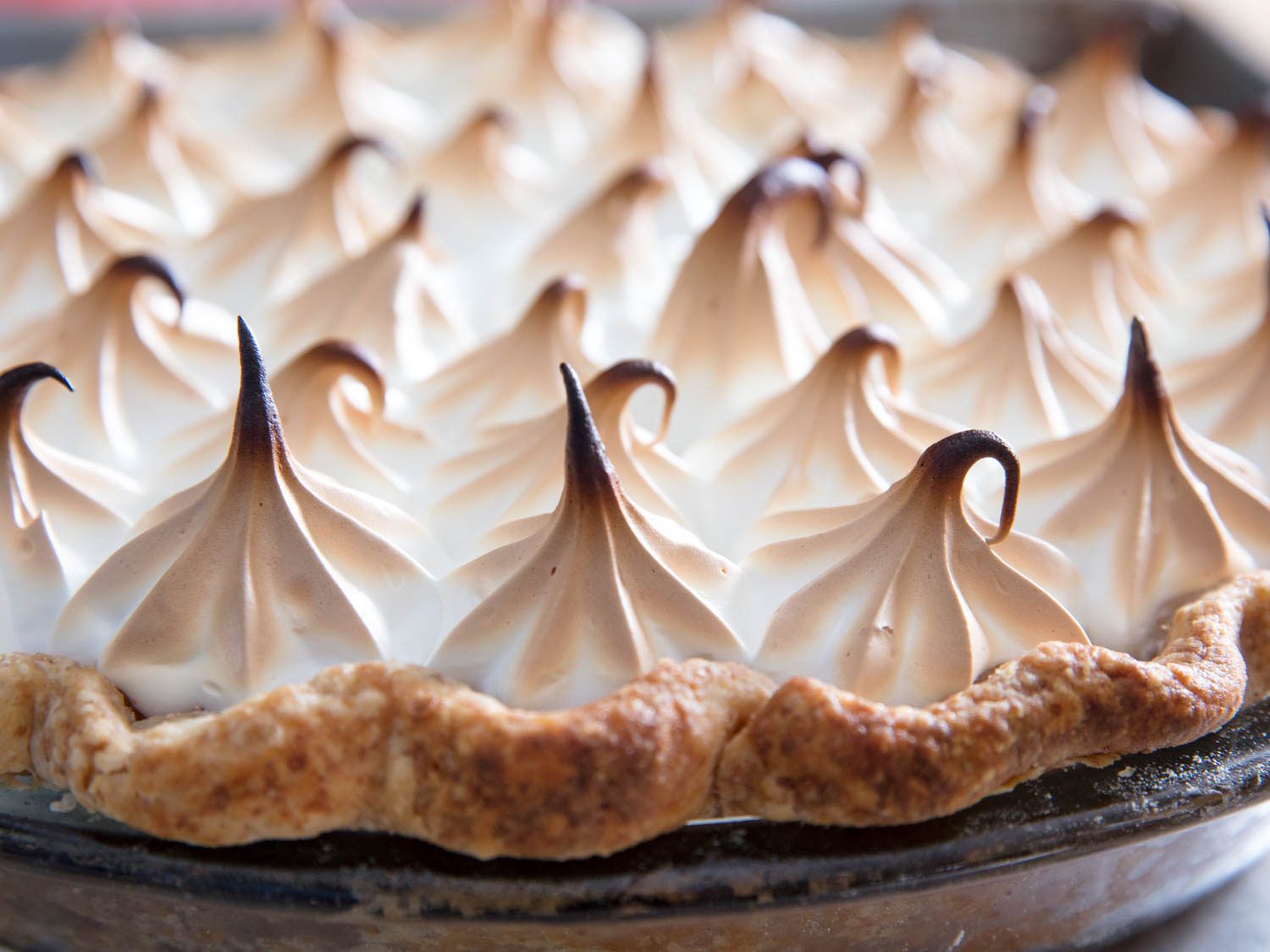 Closeup of the toasted meringue topping on the finished pie.