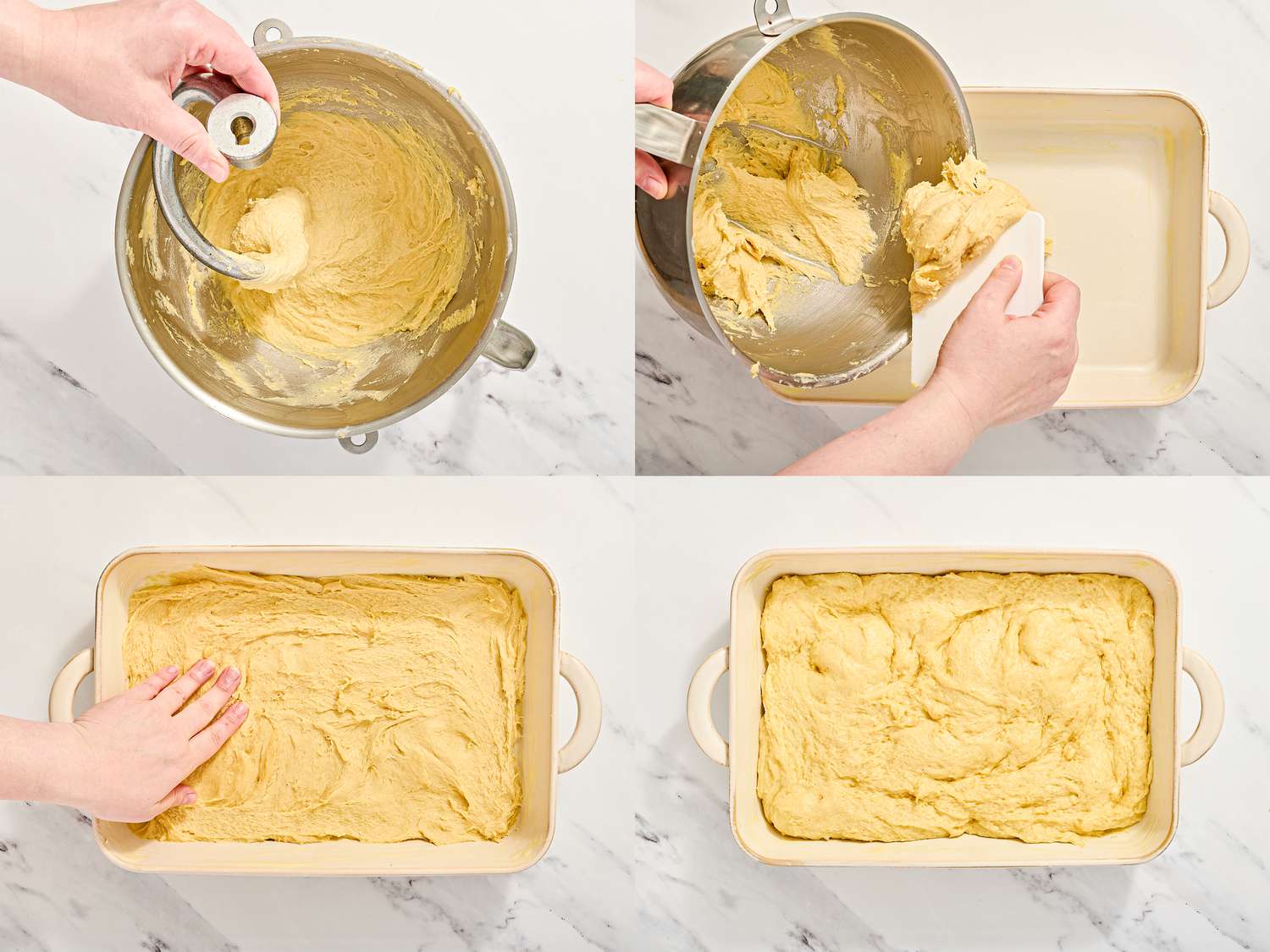 Steps for preparing gooey butter cake, including mixing batter and spreading it in a pan