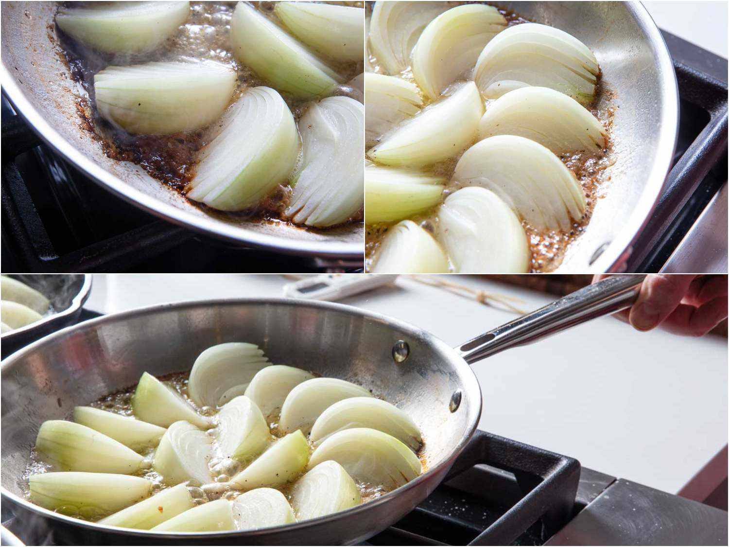 Cooking onion wedges over high heat in a skillet.