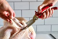 Hands using the Dragon Riot poutry shears to trim turkey wings