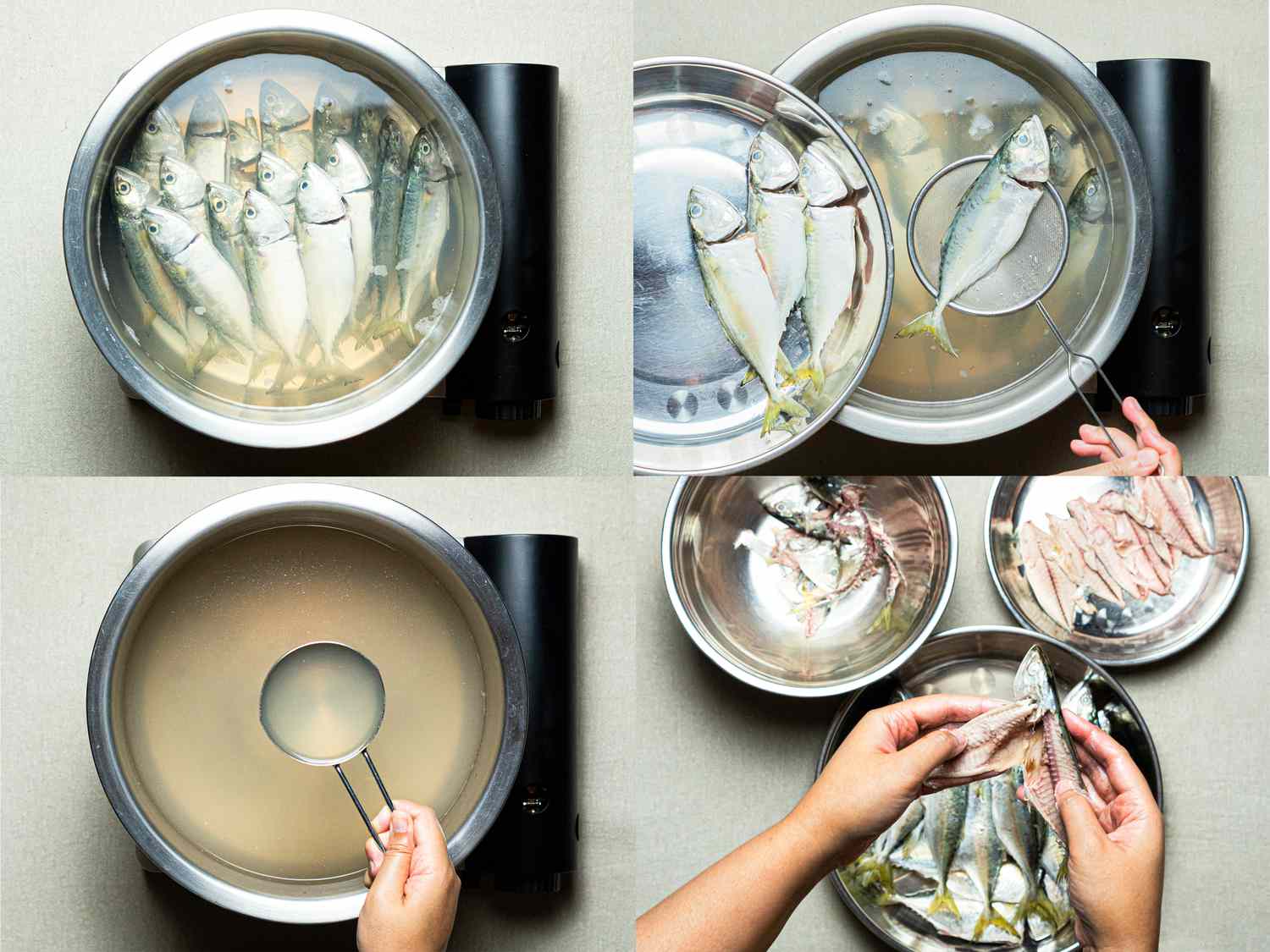 Four image collage of cooking fish and then separating broth and cleaning fillets