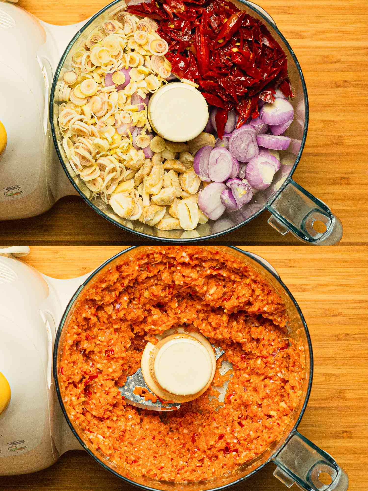 Two image collage of sambal ingredients in a food processor before and after being processed