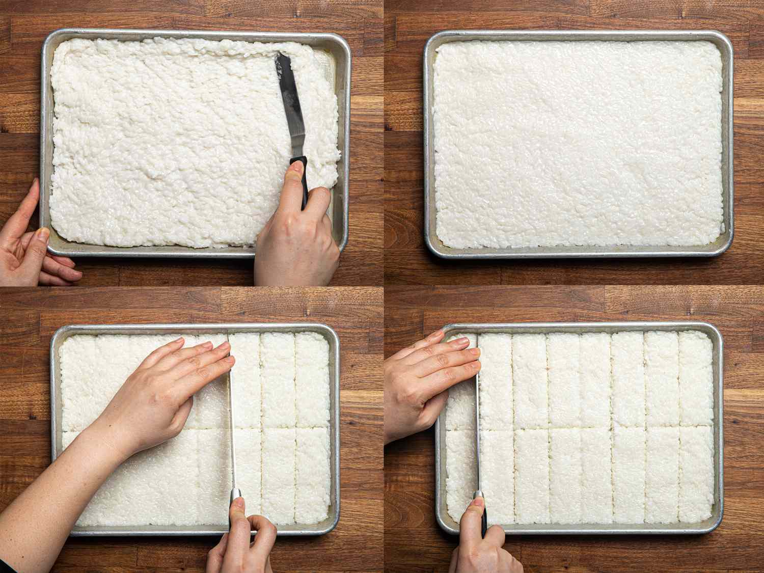 Four image collage of an overhead of spreading rice mixture into an even layer and then cutting into 16 bars