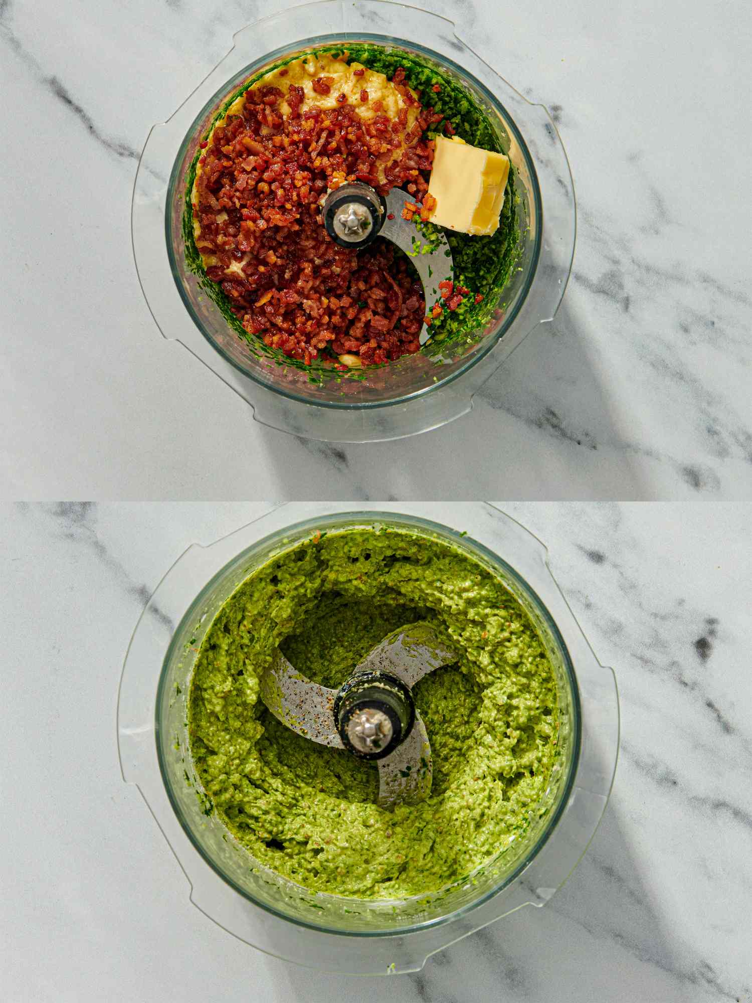 Two stages of a food processor mixture being blended showing ingredients before and after blending