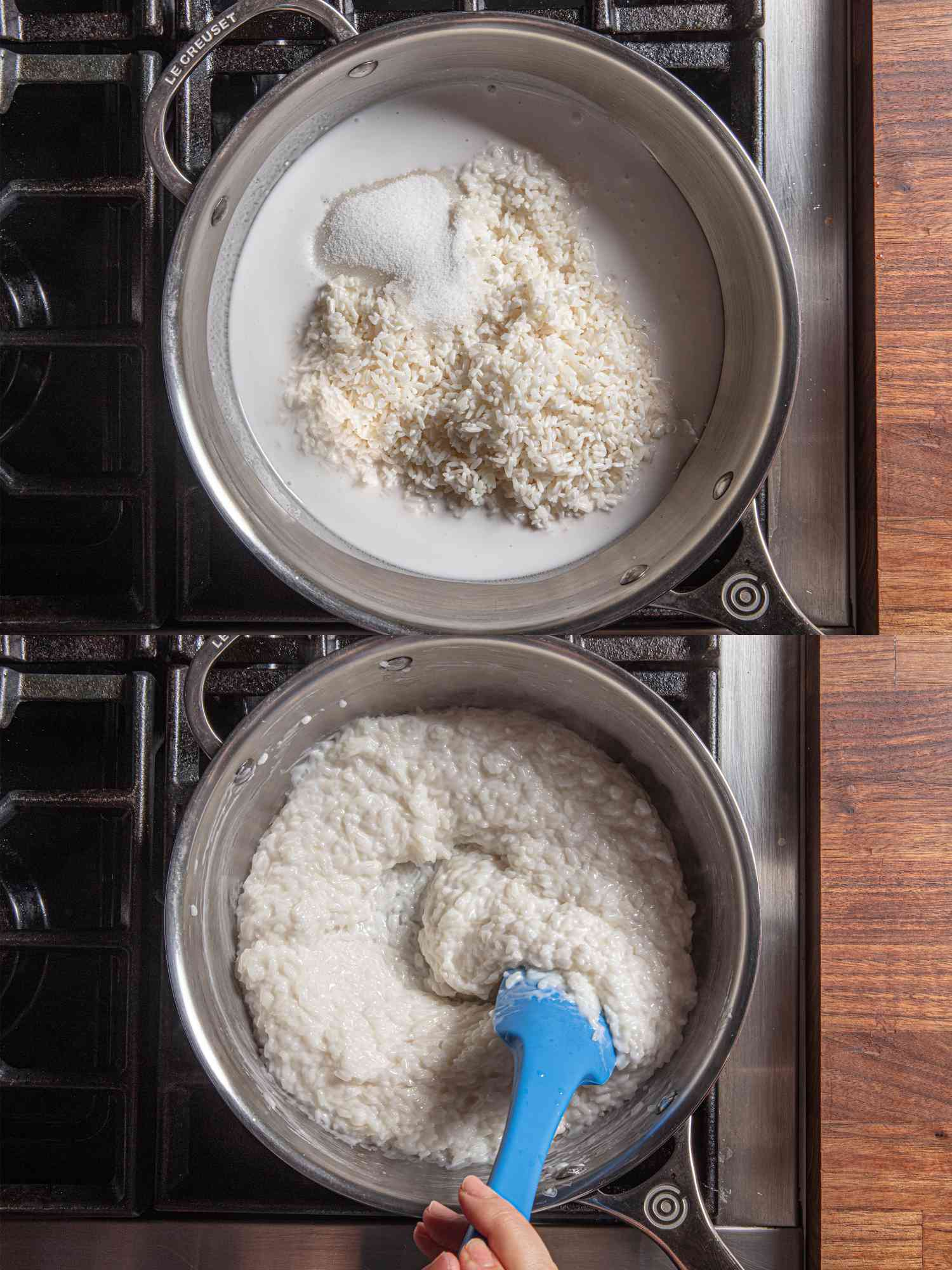 Two image collage of an overhead view of rice in coconut milk on the stove and rice fully cooked to a porridge like state