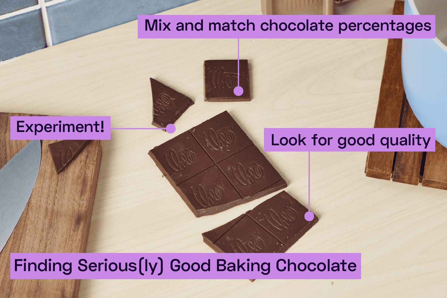 An unwrapped chocolate bar on a kitchen countertop.