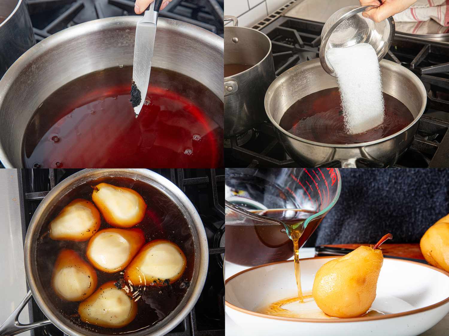 Four image collage of poaching pears in tea mixture 