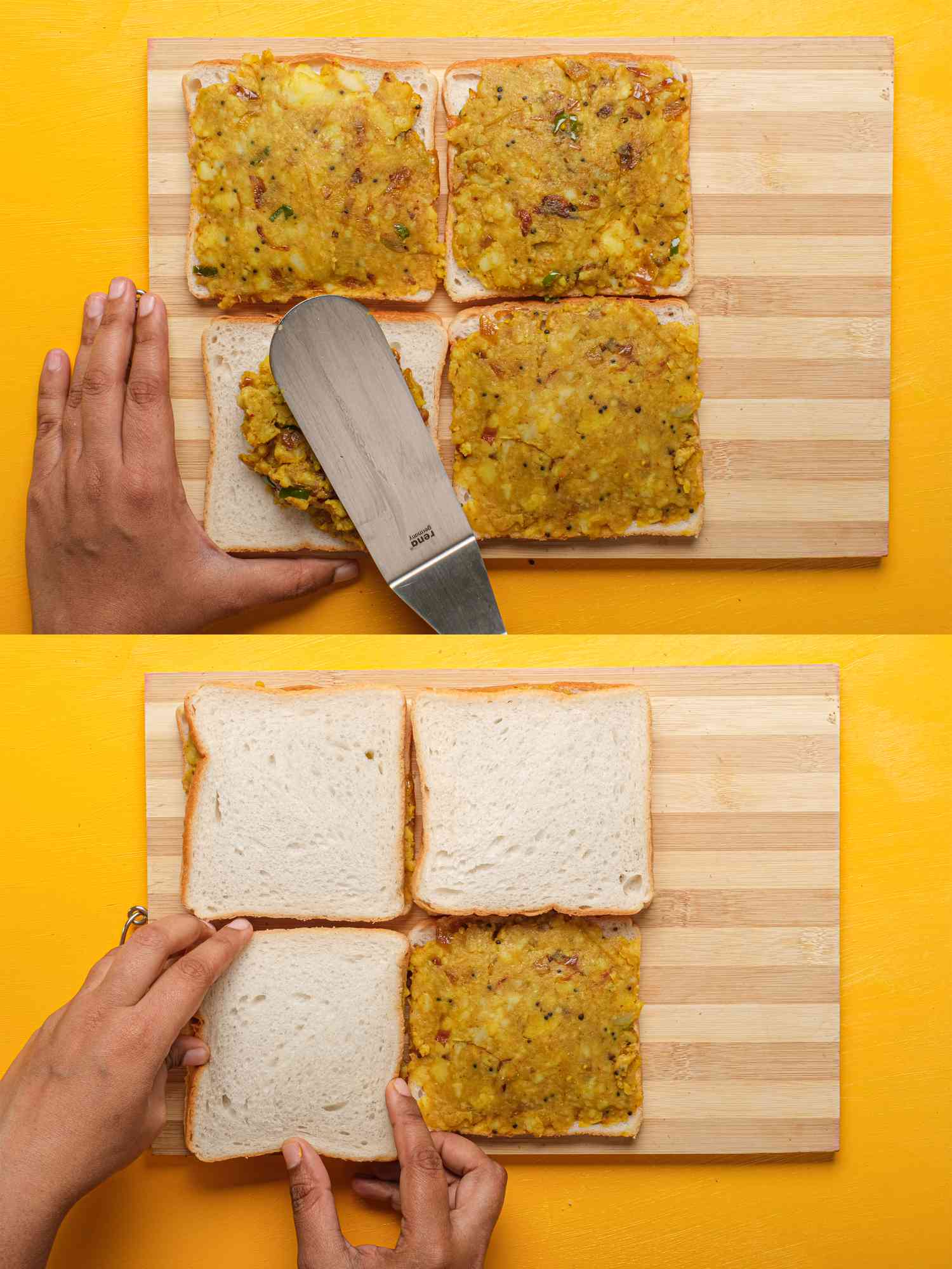 Two image collage of spreading potato on bread and closing