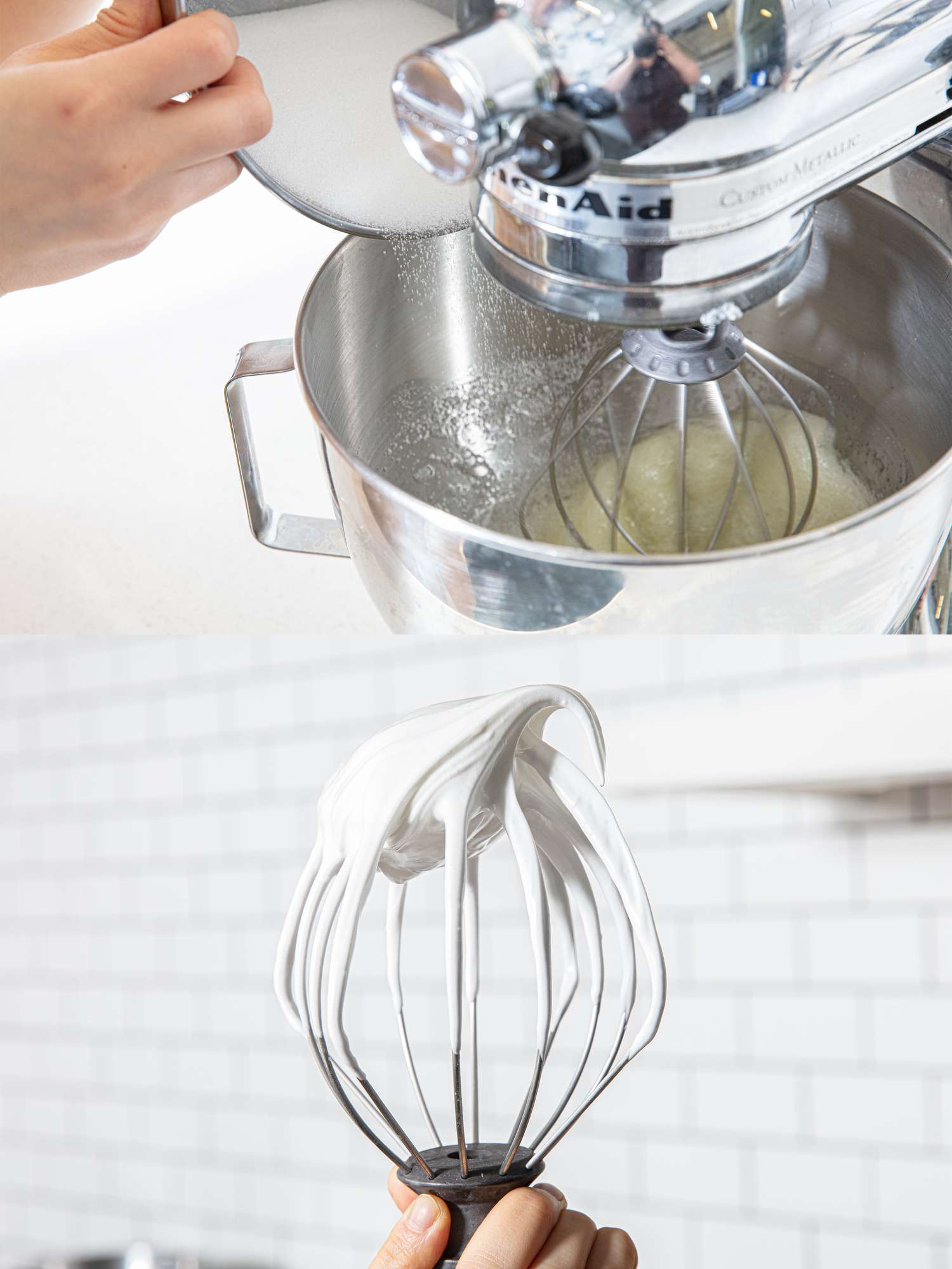 Adding sugar to whisking egg whites and a whisk attachment with meringue.