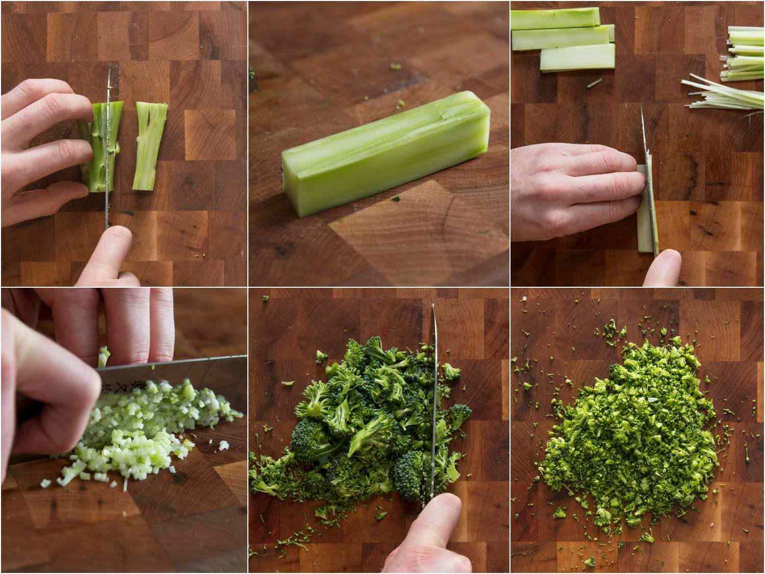 Collage of cutting broccoli stems and floret scraps for gremolata.