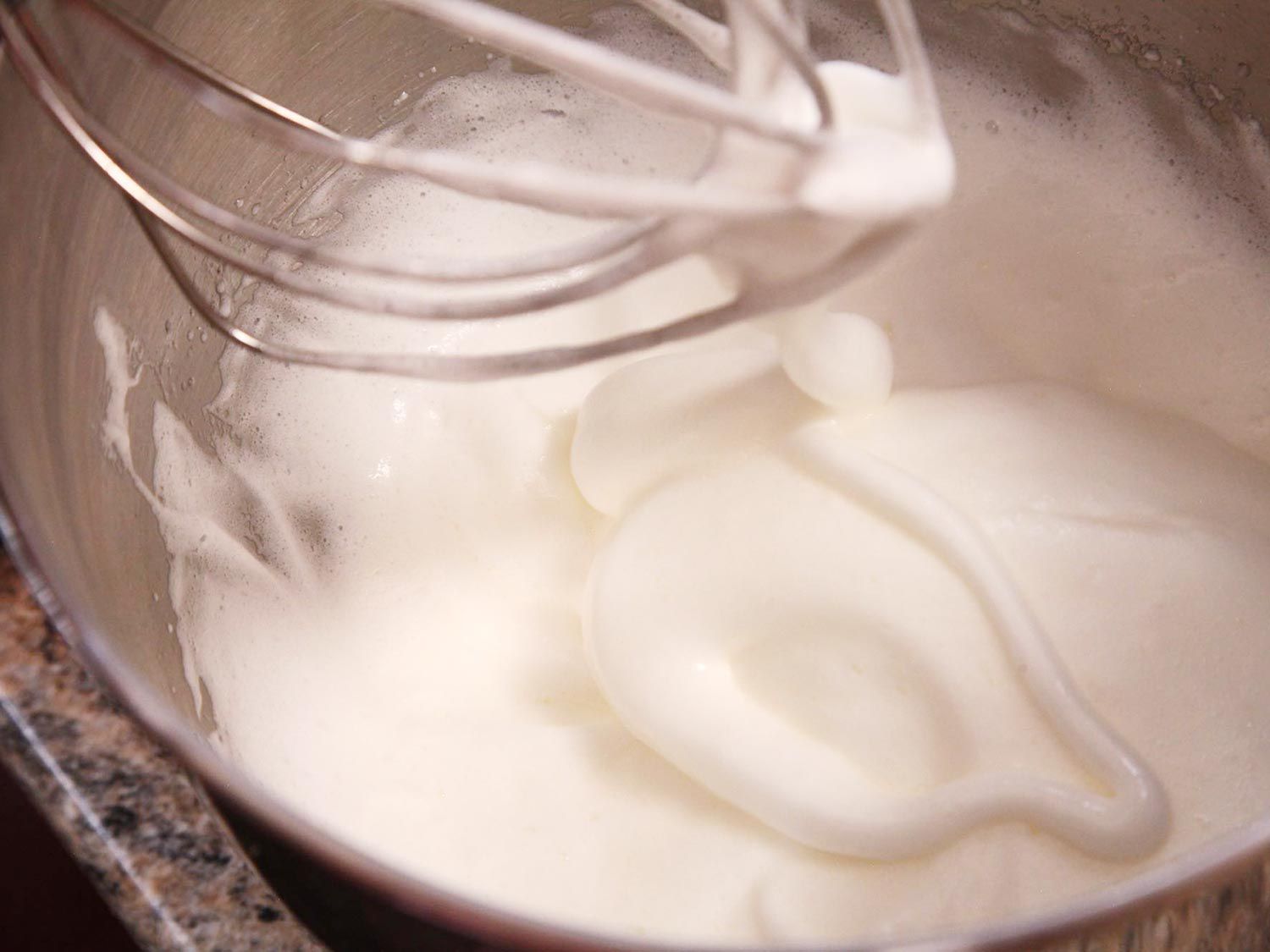 Closeup of whipped egg whites, ready to add to the batter.
