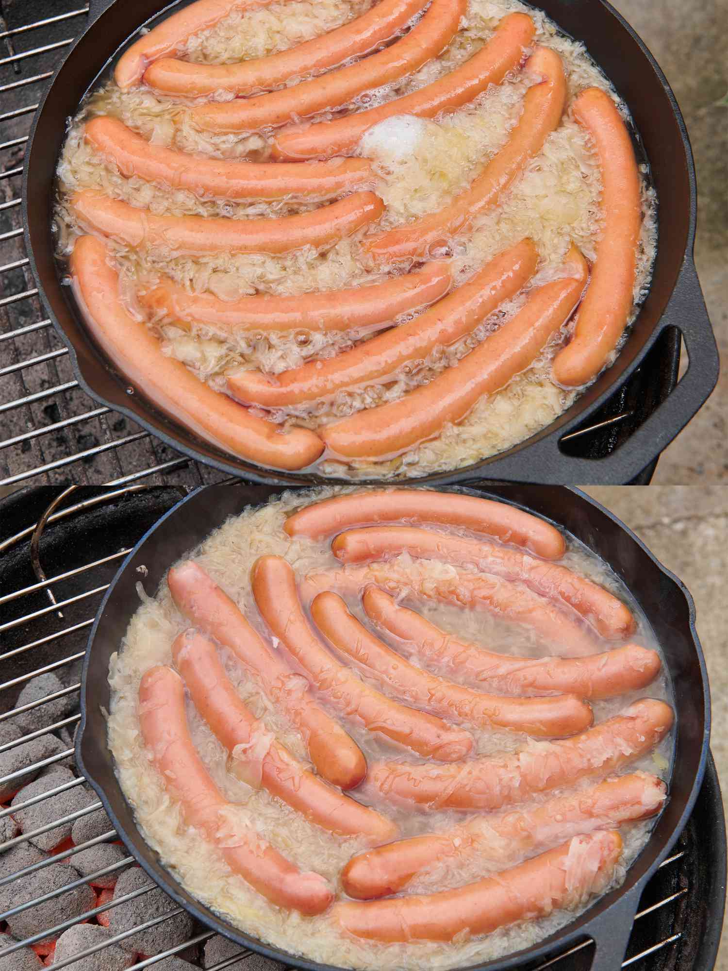 Two image collage of hot dogs cooking on grill in sauerkraut