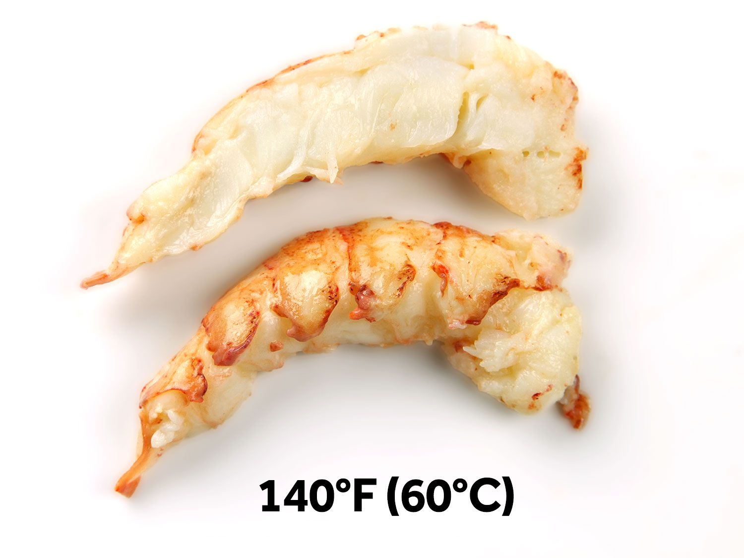 Overhead view of a lobster tail that's been halved to show the interior color. Black text reads: "140 degrees Fahrenheit (60 degrees Celsius)."