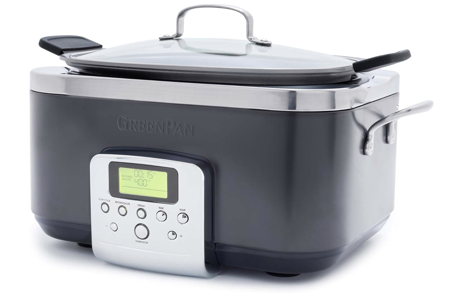 A GreenPan multifunction kitchen appliance with a digital display and control panel