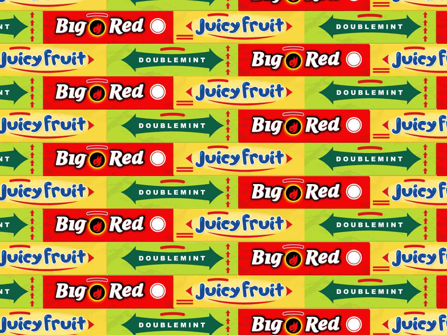 Juicy Fruit, Big Red, and Doublemint labels lined up.