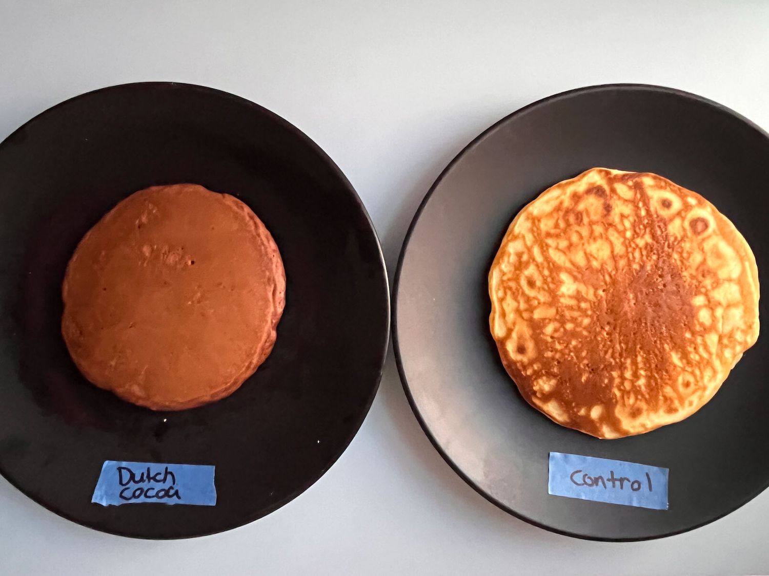 Two pancakes on plates: One labeled "Dutch cocoa" and the other "Control" 