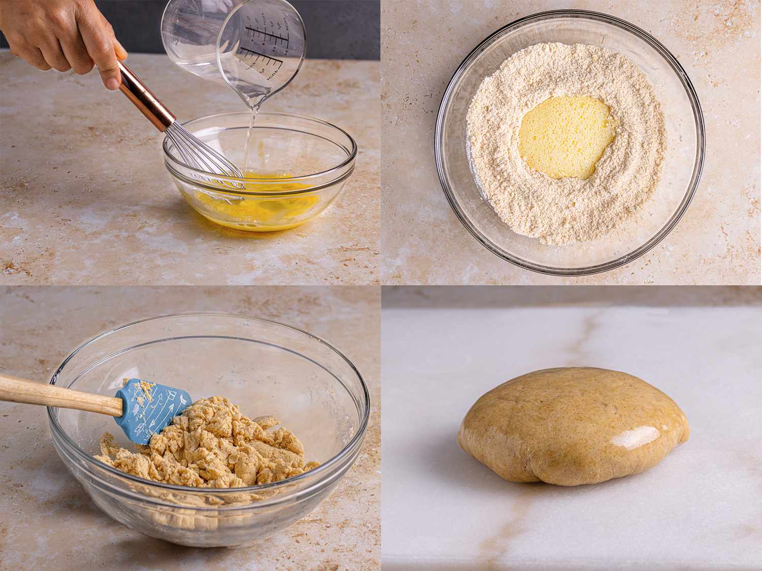 Meat pie dough coming together in a glass bowl.