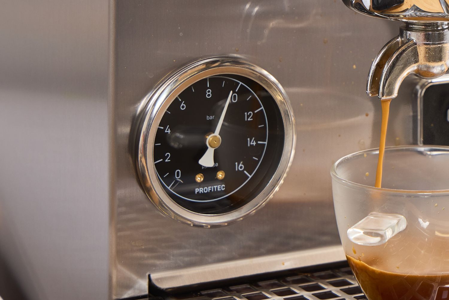 The pump pressure gauge on the front of the Profitec GO Single Boiler Espresso Machine