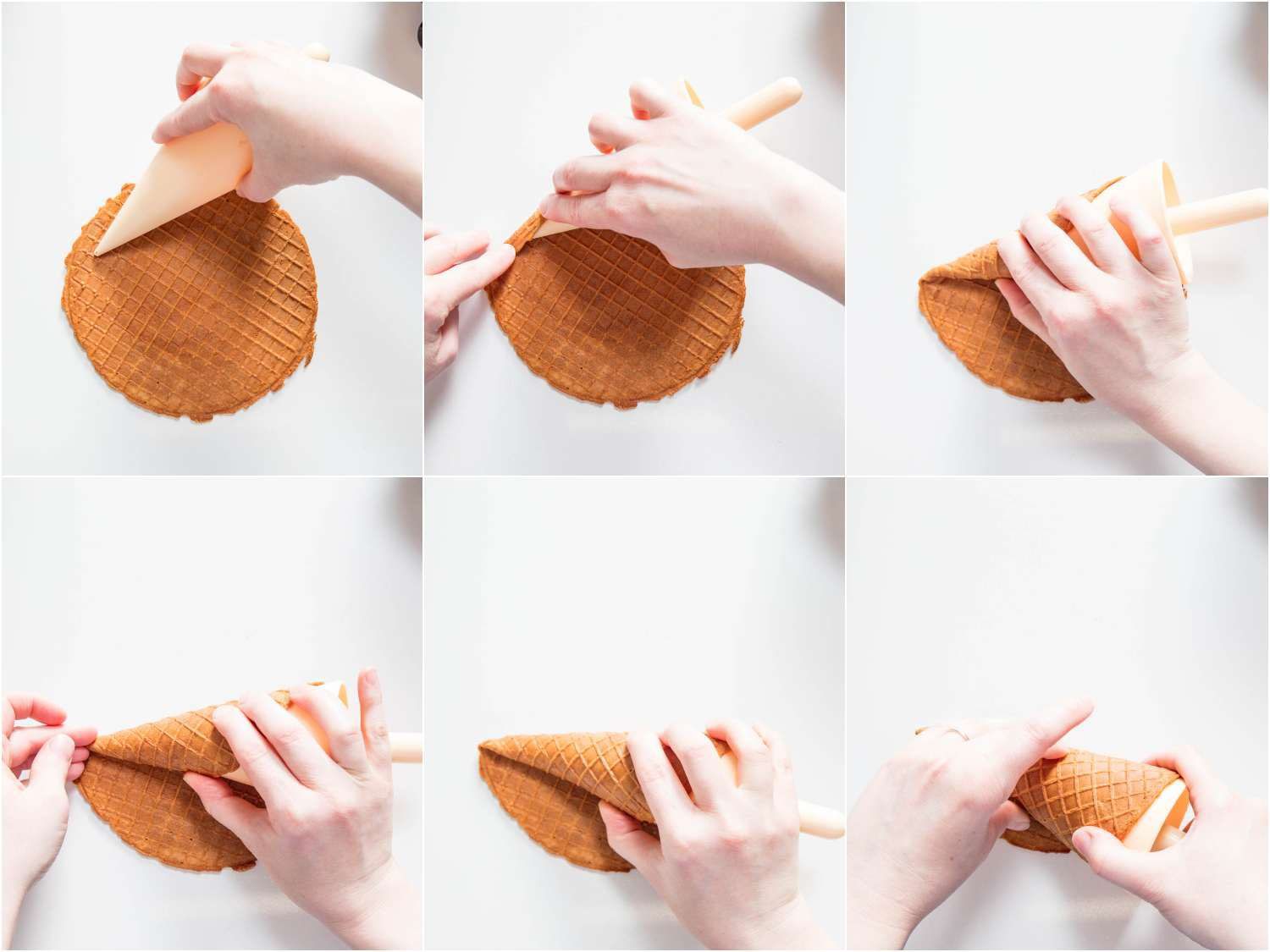 A collage of 6 images showing the rolling of a waffle cone: set the waffle cone form's tip about 1/4 inch from the edge of the wafer and start rolling slowly until reaching the outer edge, seam side down. 