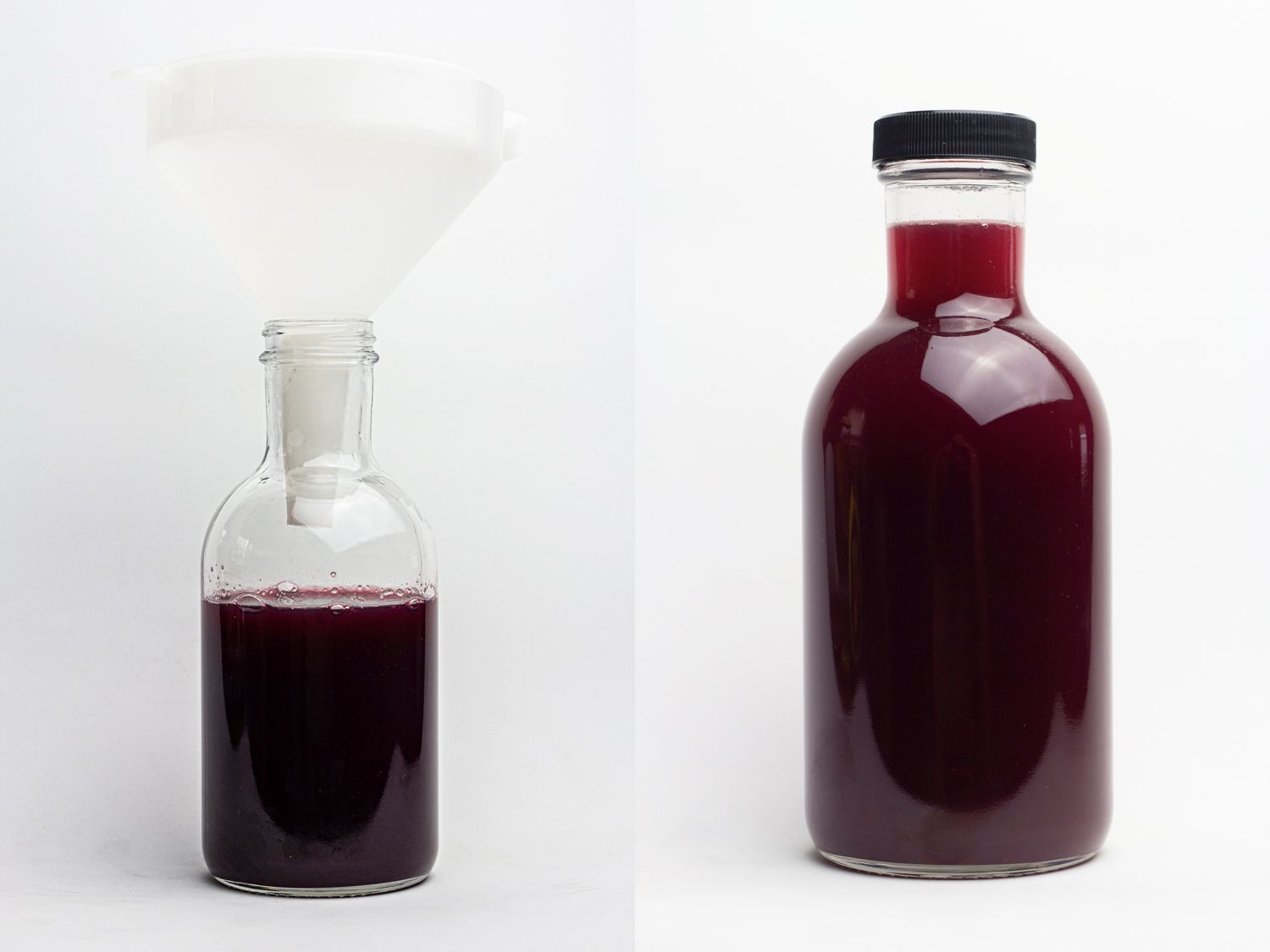 Side by side images of blackberry kombucha being bottled
