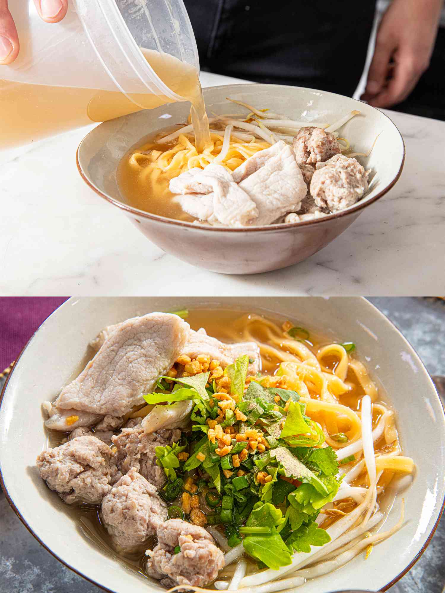 Two image collage of adding broth and finished bowl