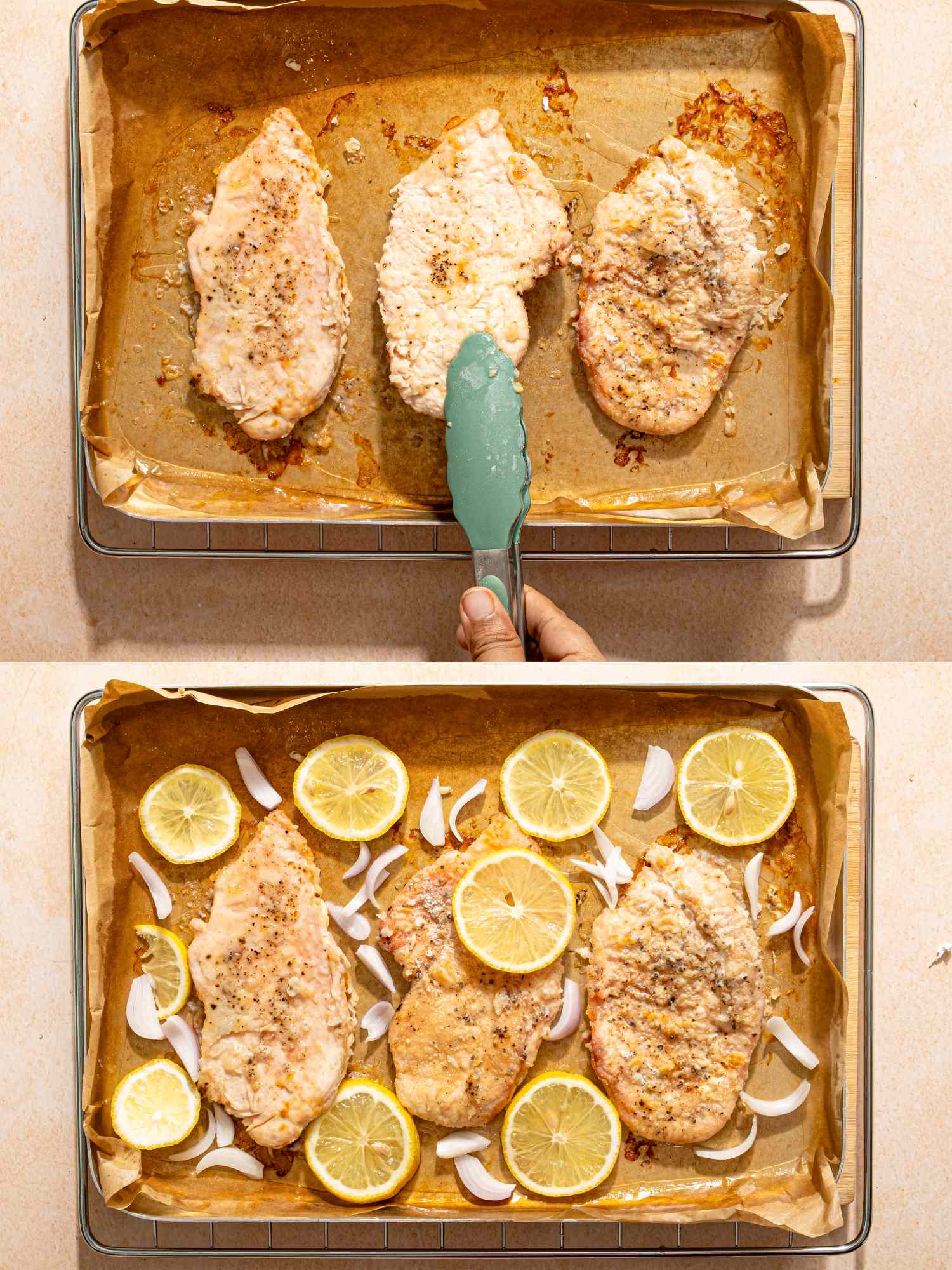 Twostep process of preparing sheet pan chicken piccata with the first step showing the chicken being breaded and the second with added lemon slices and onions