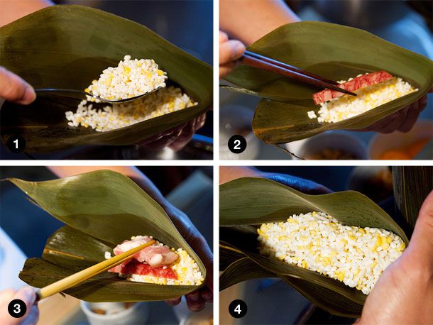 Collage of filling joong leaves: start with glutinous rice-mung bean mixture, followed by cured pork belly, salted egg yolk, shrimp, scallop, and lap cheong and cover with another layer of glutinous rice-mung bean mixture. 