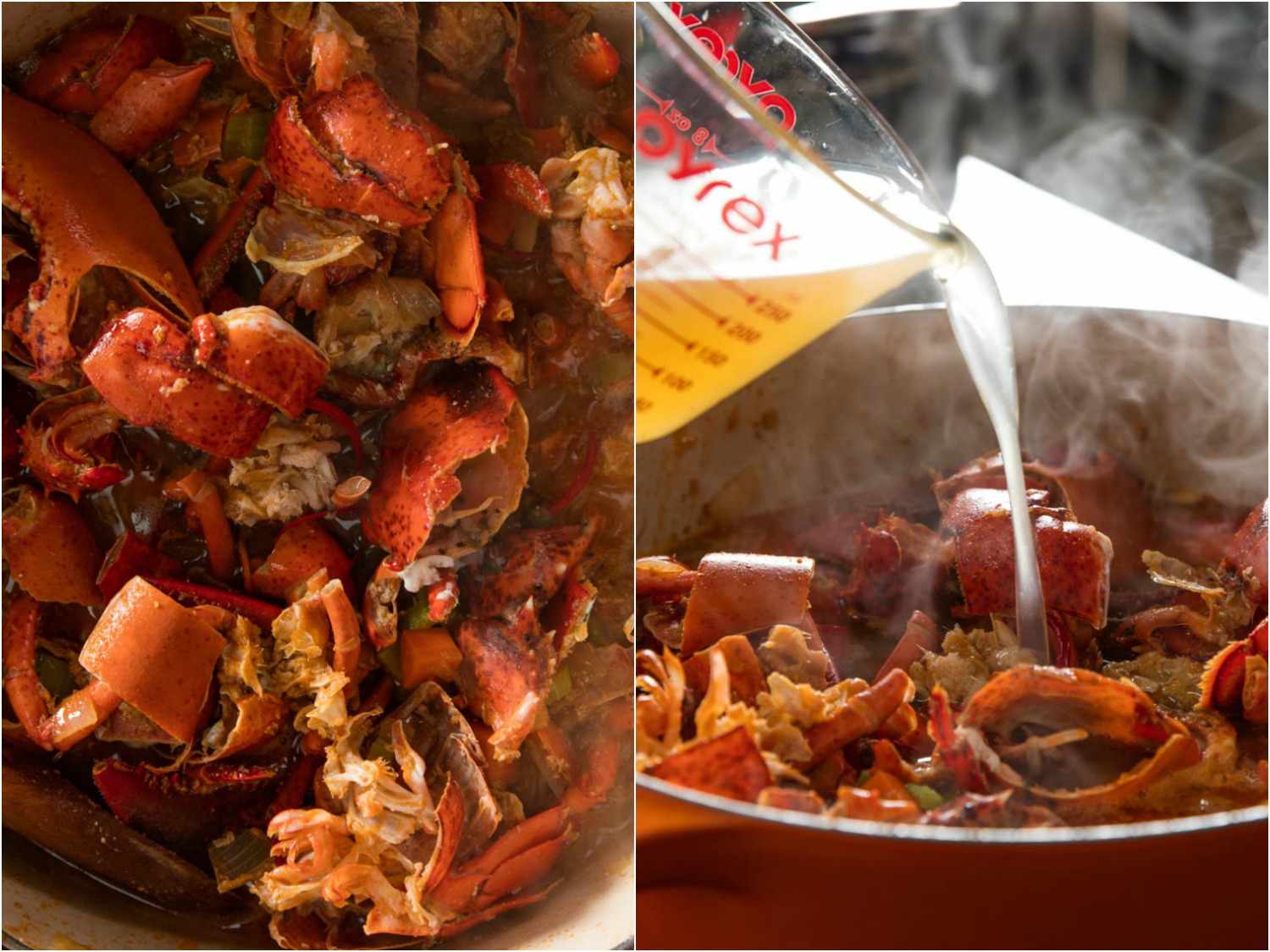 On the left: a top-down view of the browned lobster shells and vegetables in the Dutch oven. On the right: chicken stock poured into the pan from a liquid measuring cup.