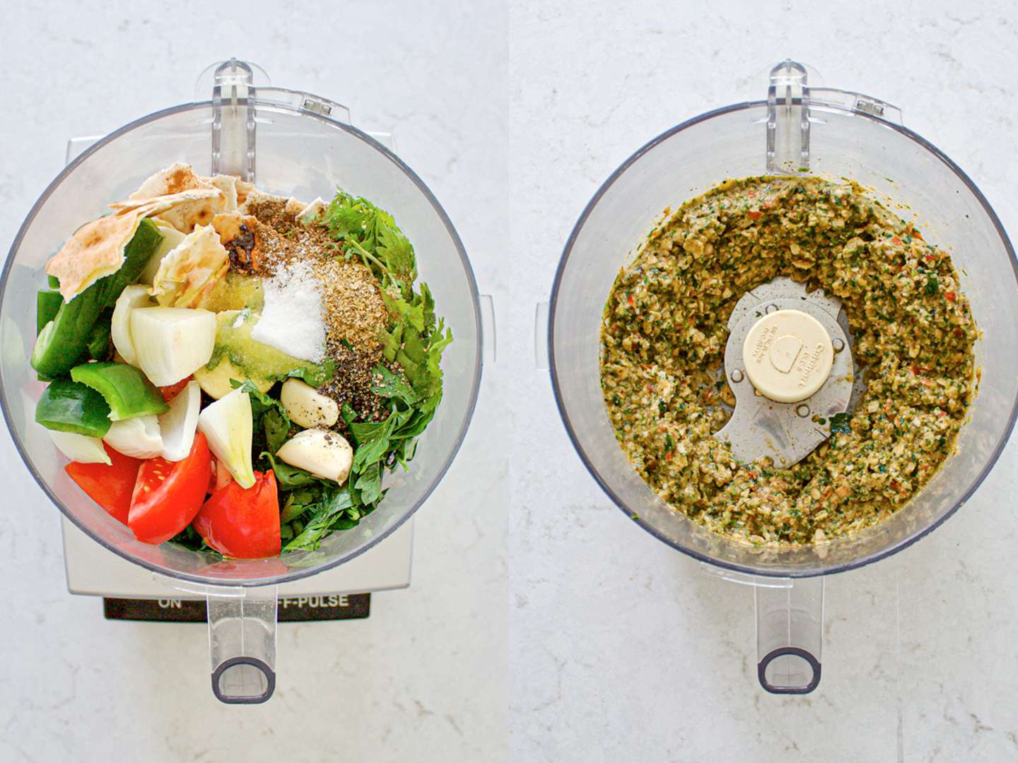 Two Image collage. Left: bread, tomato, onion, garlic, chile (if using), coriander, parsley, allspice, cinnamon, black pepper, cumin, and ground coriander along with the 1 tablespoon olive oil and 1 tablespoon (9g) Diamond Crystal kosher salt in a food processor. Right: mixture after being pulsed in the food processor