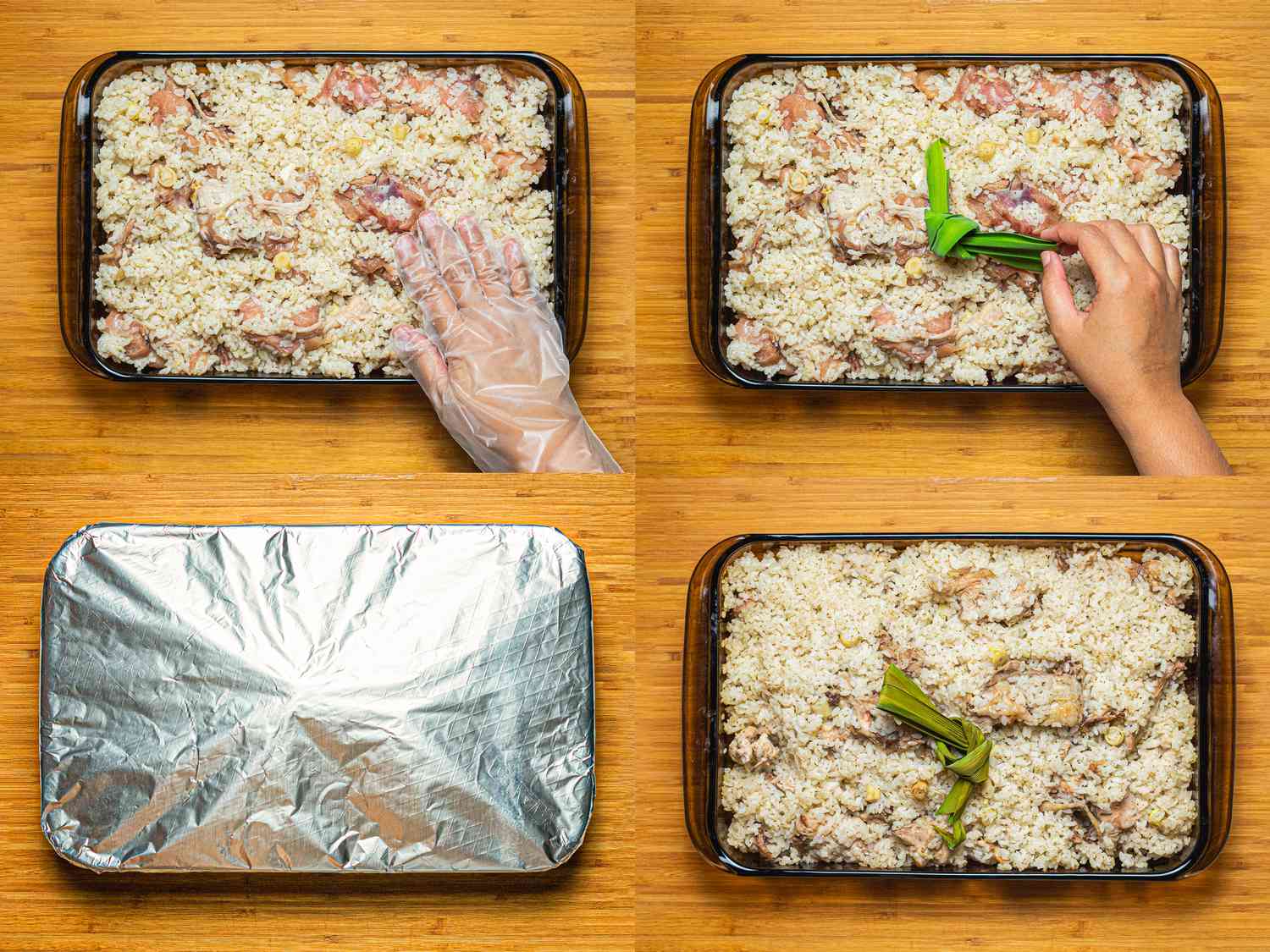 Four image collage of baking chicken and rice mixture with pandan leaf