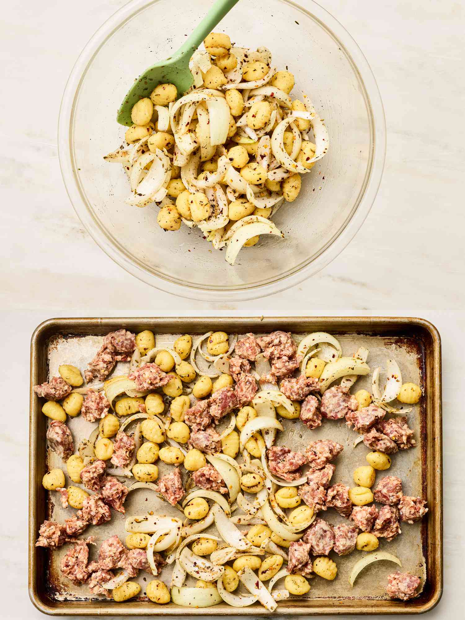 Ingredients including gnocchi and onions mixed in a bowl, prepared for cooking on a sheet pan