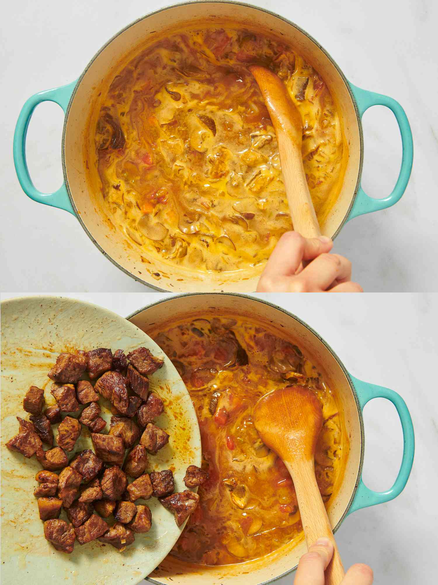 2 image collage. Top: stirring soup in dutch oven. Bottom: adding steak to soup in dutch oven 