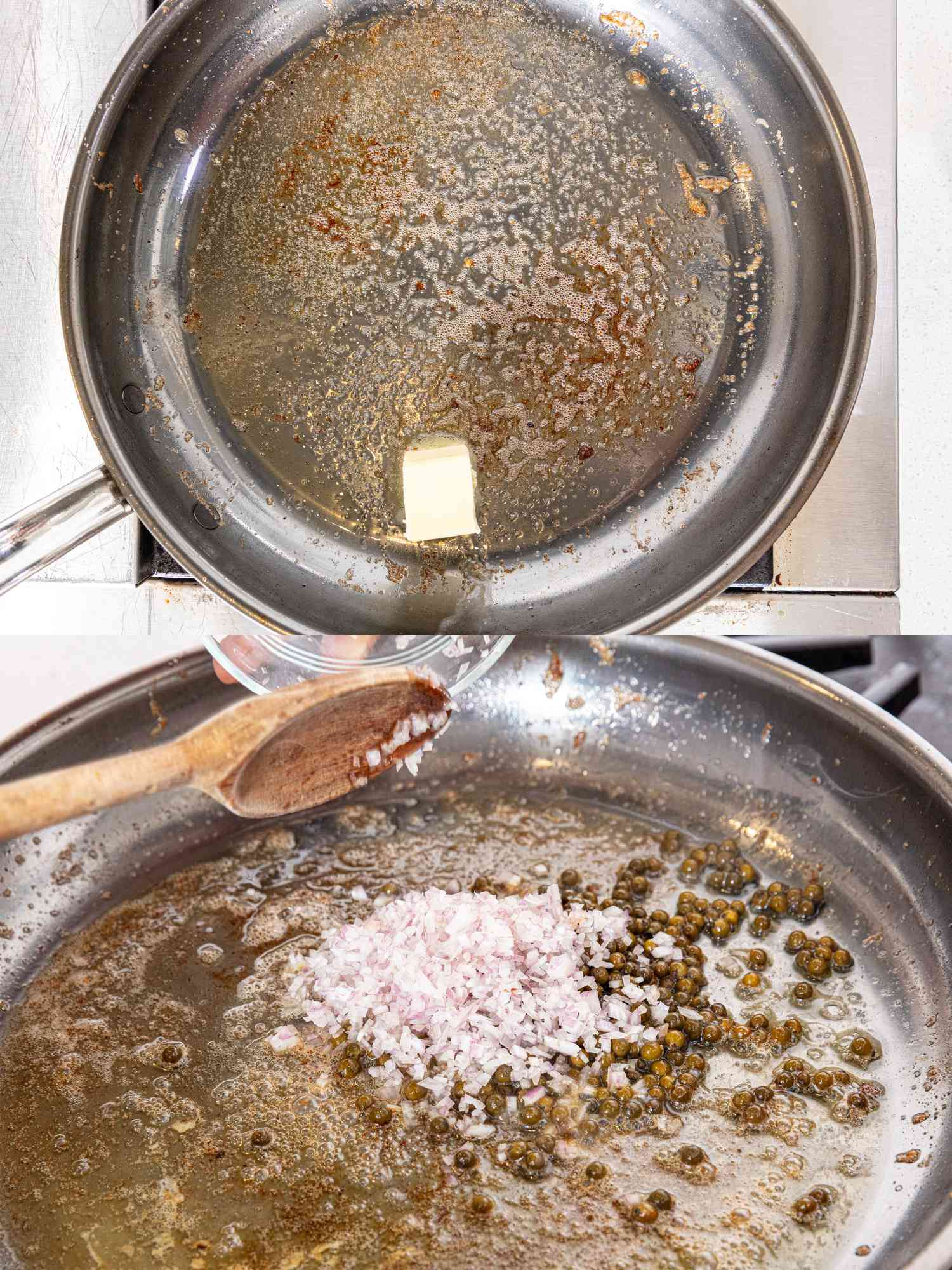 2 image collage. Top: belting butter onto pan with left over animal fat. Bottom: Adding peppercorns and shallots to butter