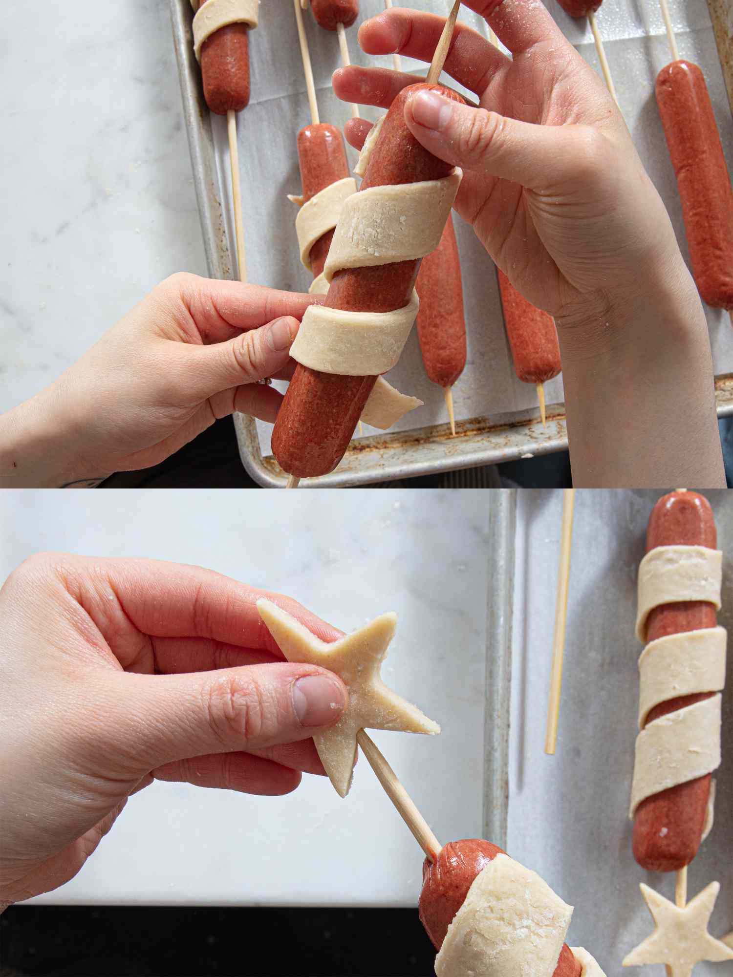Overhead view of wrapping hot dog in dough and placing star on top