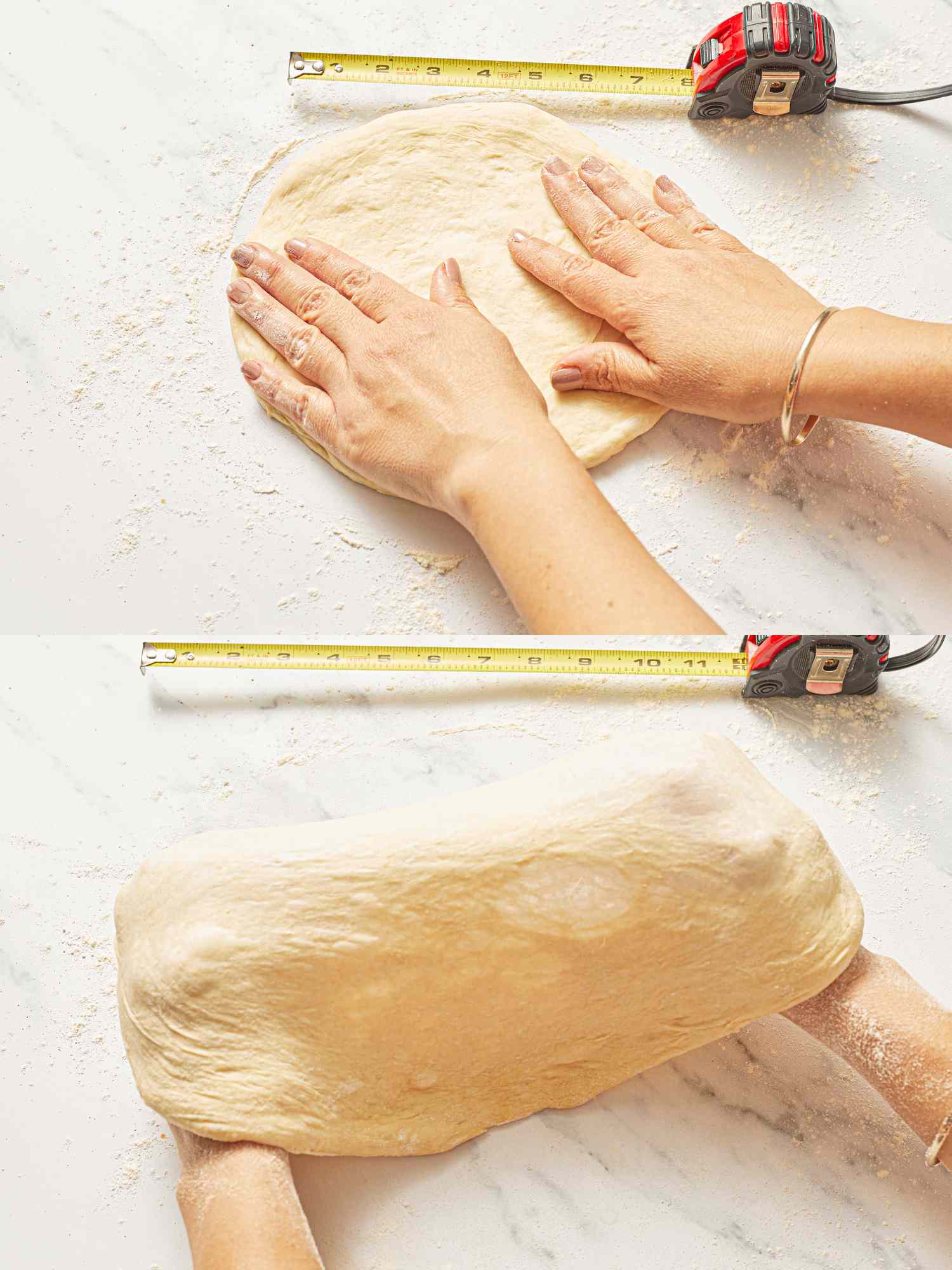 Hands shaping pizza dough, top image shows dough being flattened, bottom image shows dough being stretched lengthwise with a measuring tape nearby.