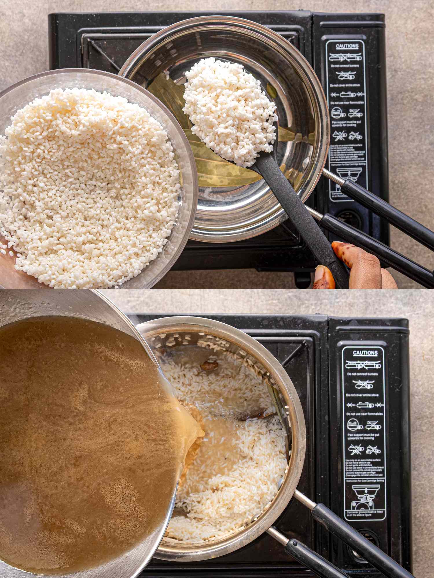 Twostep cooking instructions with rice being poured and sauce added in a pan on a stove