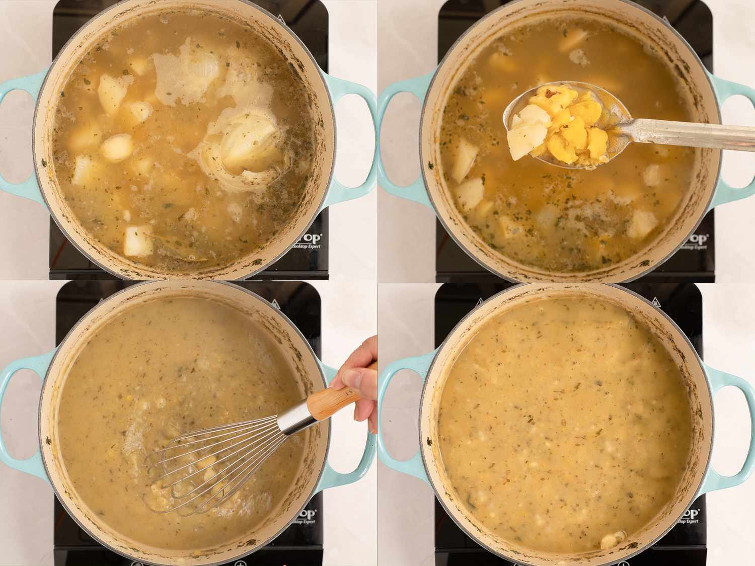 Pot of soup, with soft, tender potatoes. A whisk mixing the potatoes into the soup.