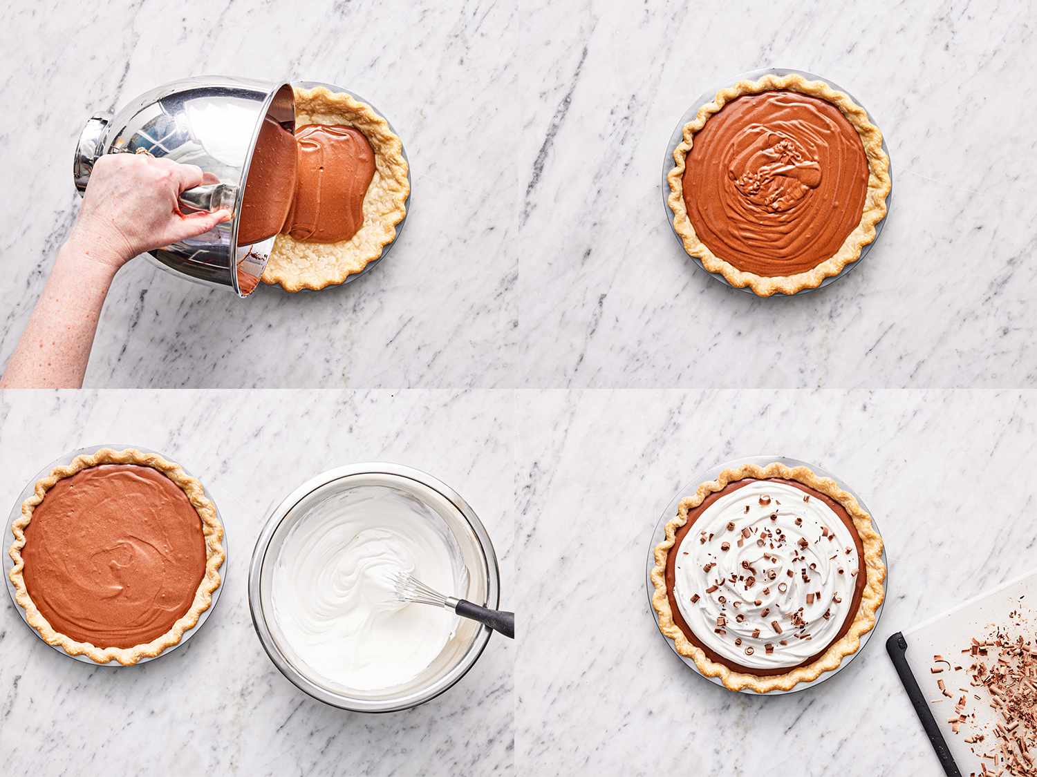 Four image collage of chocolate mixture being poured into pie shell, and then whipped cream and chocolate shavings adde