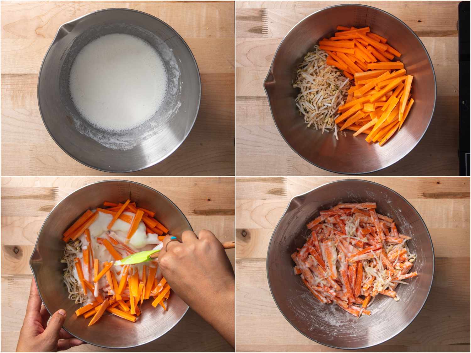 Collage of batter and cut-up vegetables mixed together in bowl