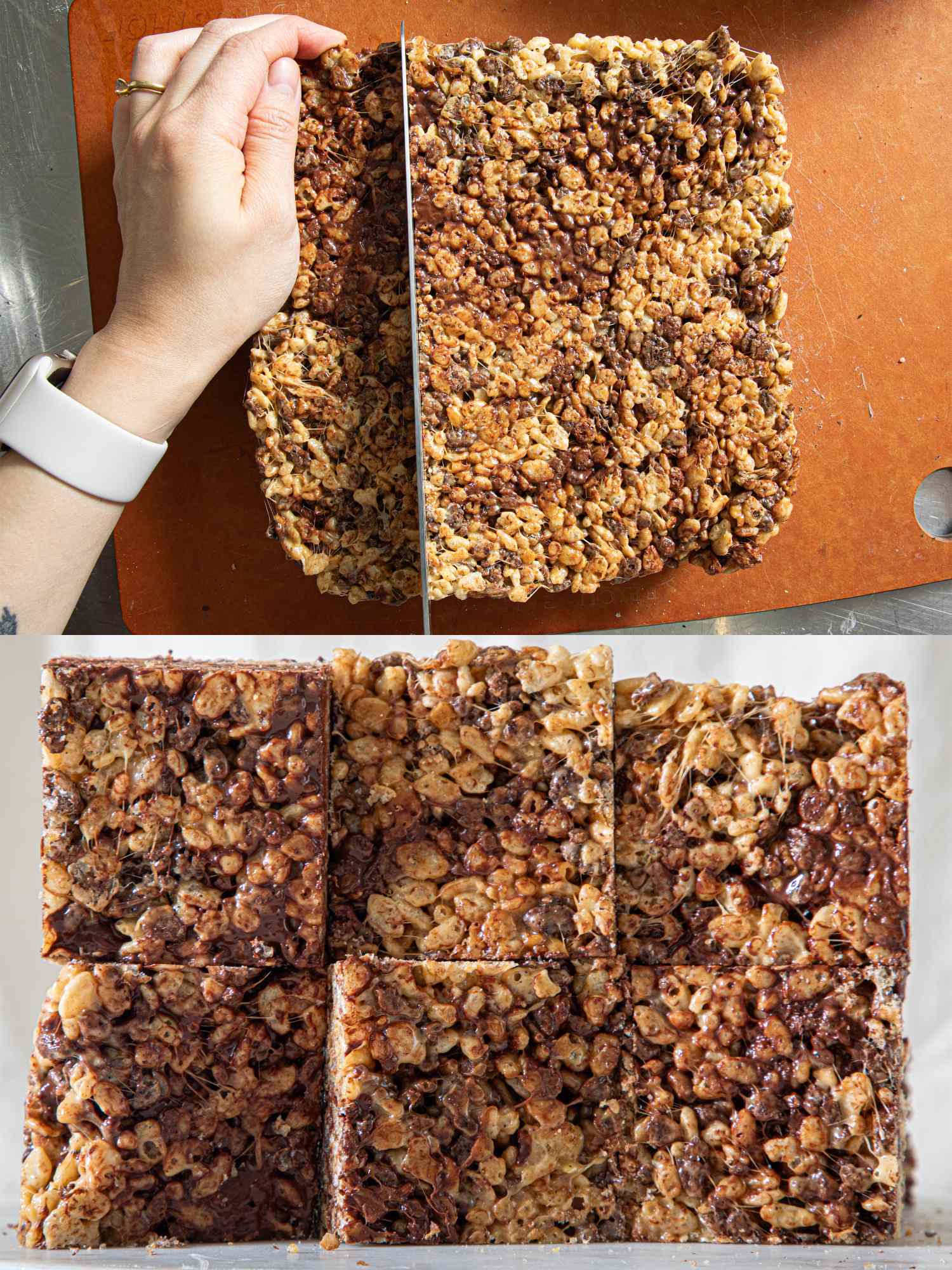 A hand lifting a square piece of crispy rice and chocolate treat cut into smaller squares