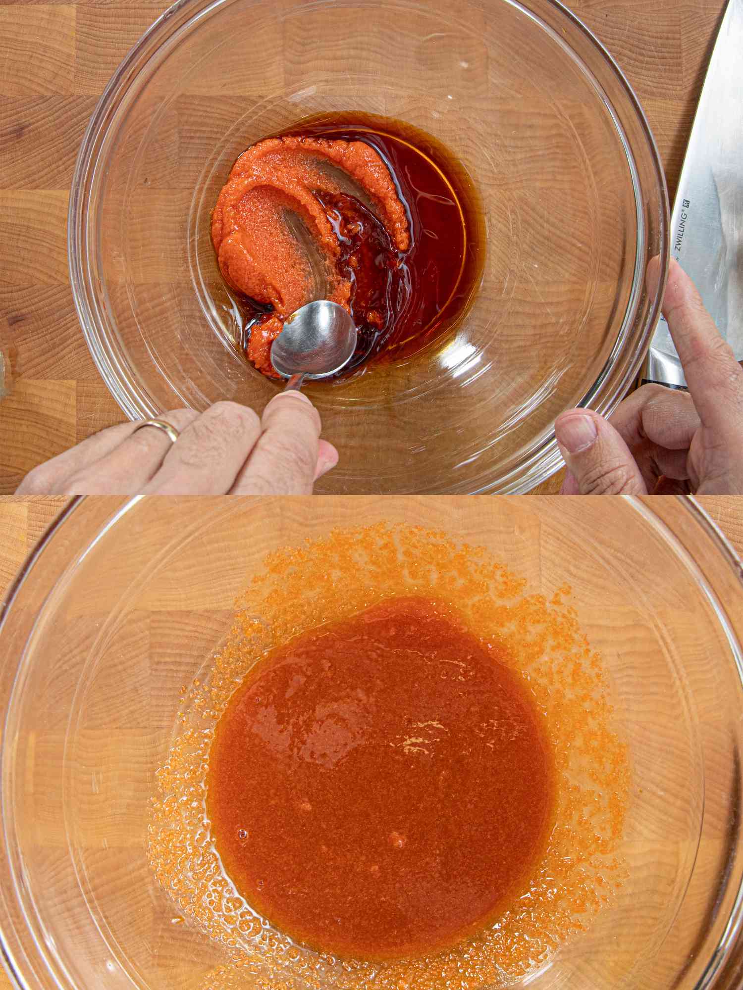 Two image of mixing mentaiko spaghetti 