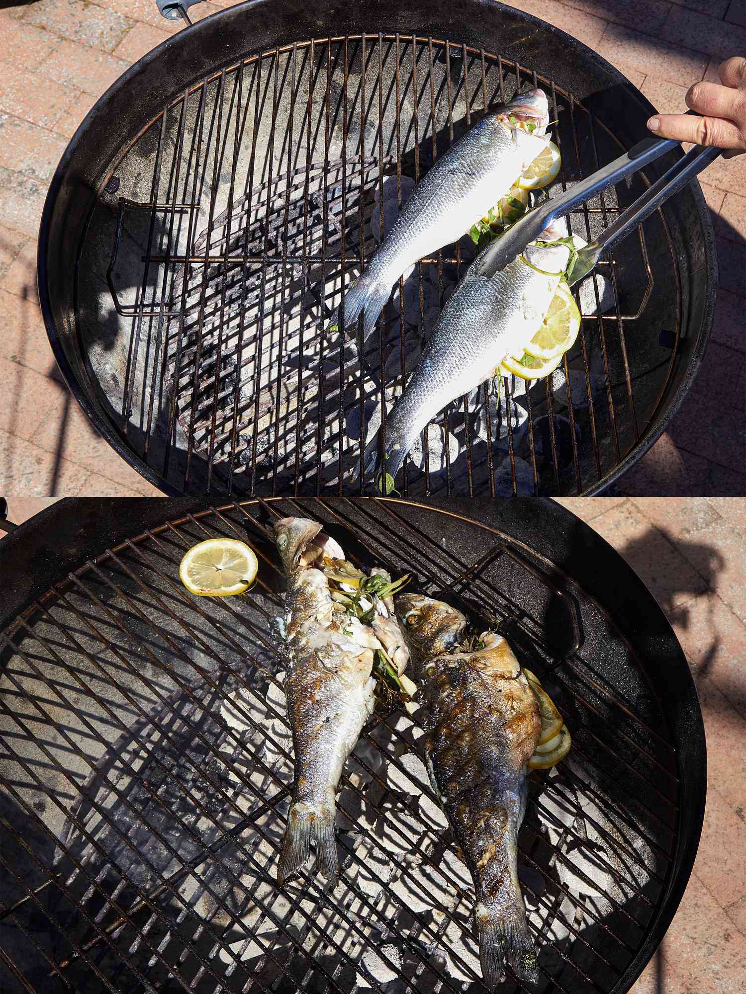 Grilled fish on a barbecue grill being prepared with lemon and herbs