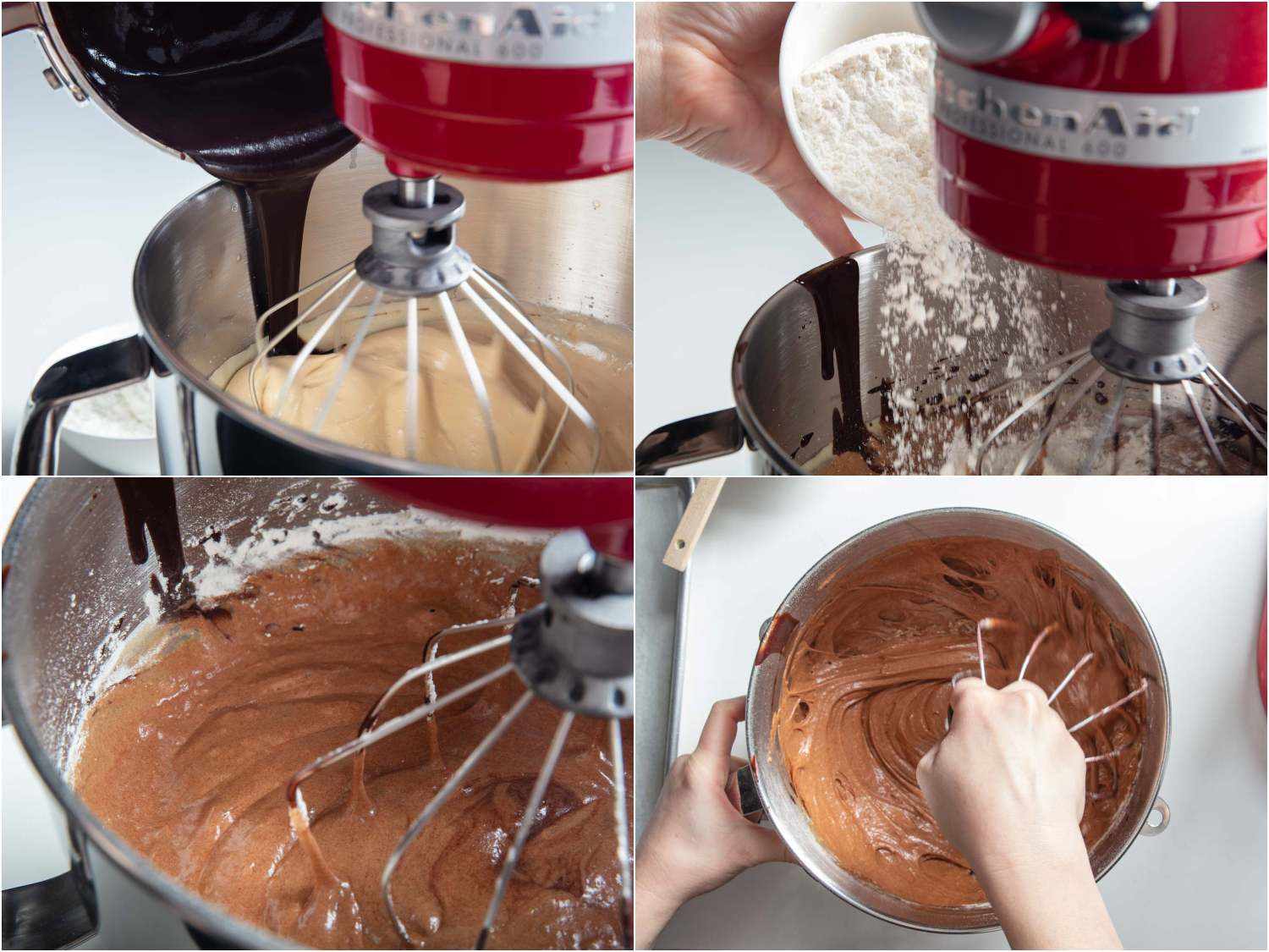 A collage: incorporating chocolate, water, and flour into the chocolate sponge batter.