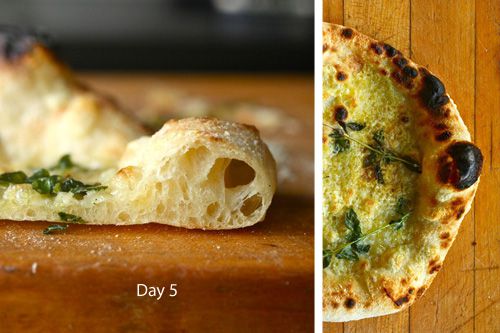 A two-image collage showing pizza crust made with dough that's cold fermented for five days.