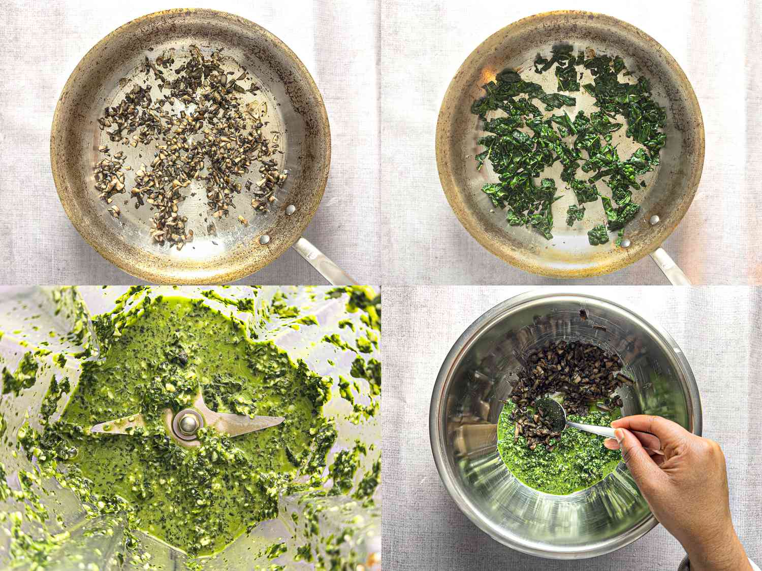 4 image collage. Top left: mushrooms cooking in pan. Top right: kale cooking in pan. Bottom left: blending kale in a blender. Bottom Right: mixing kale and mushrooms in a bowl