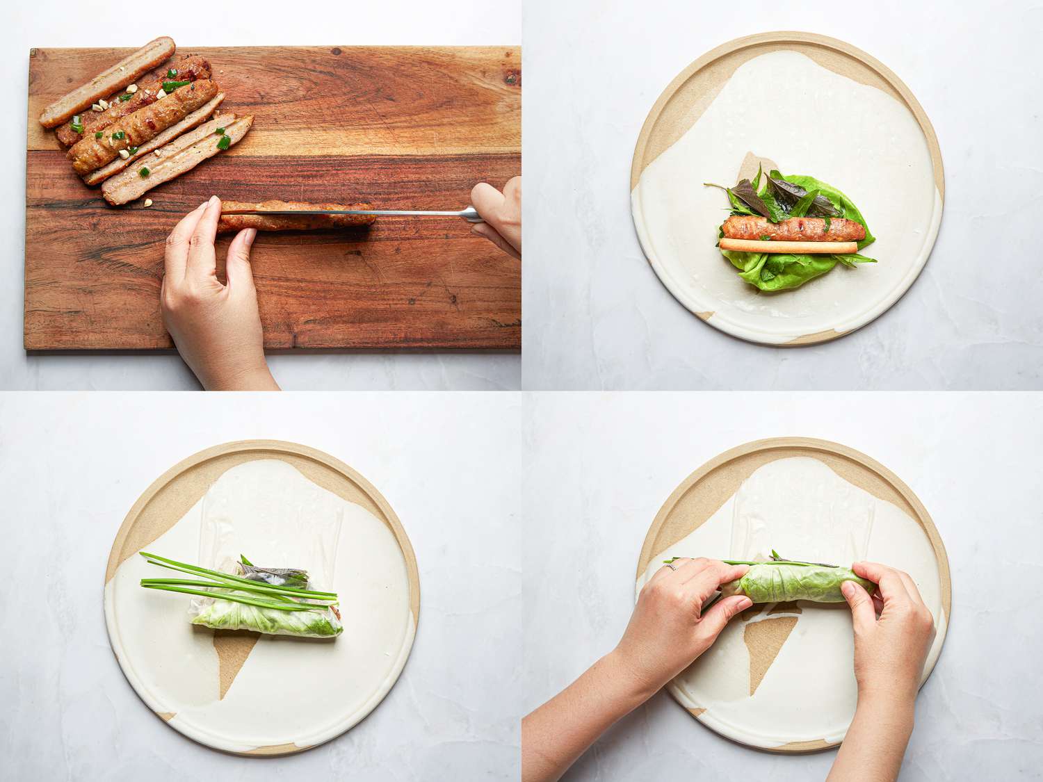 Four image collage of cutting pork skewers, arranging vegetables and meat and rolling rice paper rolls